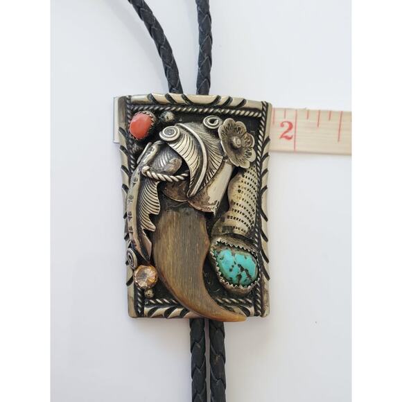 Navajo Turquoise Coral Faux Claw Bolo Tie - Picture 6 of 9